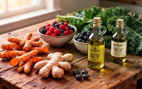 Frische, unverarbeitete Lebensmittel wie Kurkuma, Ingwer, Beeren und grüner Grünkohl auf einem hölzernen Küchentisch. - Foto: über boerse-global.de