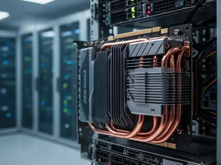 Nahaufnahme einer Hochleistungs-Grafikkarte in einem Server-Rack in einem professionellen Rechenzentrum. - Foto: über boerse-global.de