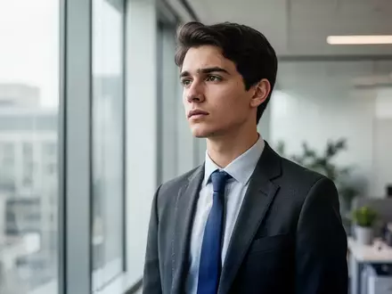 Ein junger Berufseinsteiger in einem hellen Büro, der nachdenklich aus einem Fenster blickt. - Foto: über boerse-global.de