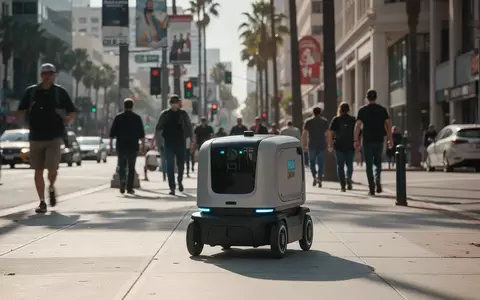 Ein autonomer Lieferroboter fährt auf einem belebten Gehweg in einer amerikanischen Großstadt. - Foto: über boerse-global.de