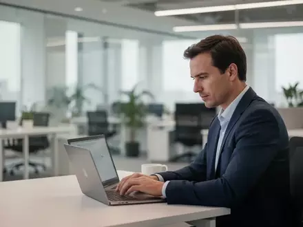 Ein fokussierter Manager arbeitet an einem minimalistischen Schreibtisch in einem modernen Bürogebäude. - Foto: über boerse-global.de