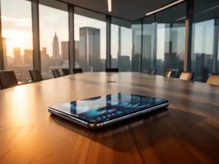 Ein moderner Konferenzraum in einem Bürohochhaus bei Sonnenuntergang mit einem Smartphone auf einem Holztisch. - Foto: über boerse-global.de