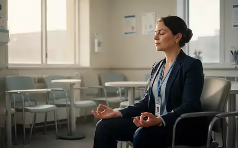 Eine Person in medizinischer Arbeitskleidung sitzt in einem hellen Raum und praktiziert Meditation zur Stressbewältigung. - Foto: über boerse-global.de