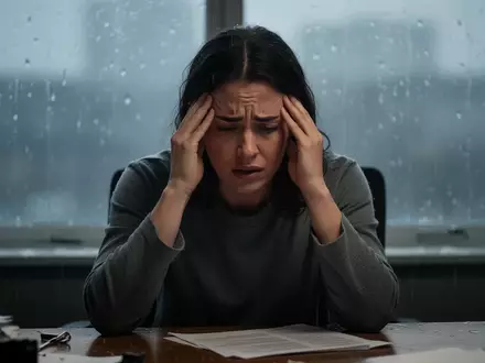 Eine Person hält sich bei stürmischem Wetter vor dem Fenster schmerzverzerrt die Schläfen. - Foto: über boerse-global.de