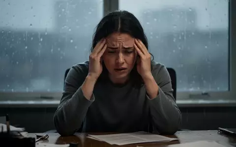 Eine Person hält sich bei stürmischem Wetter vor dem Fenster schmerzverzerrt die Schläfen. - Foto: über boerse-global.de