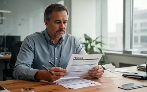Ein mittelalterer Angestellter sitzt nachdenklich an einem Schreibtisch und betrachtet Unterlagen zur Altersvorsorge. - Foto: über boerse-global.de