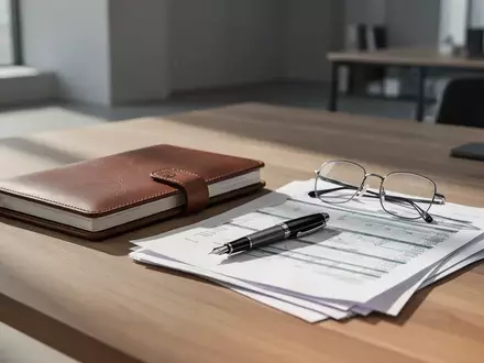 Ein minimalistischer Schreibtisch mit Notizbuch, Stift und Brille vor einem unscharfen modernen Bürohintergrund. - Foto: über boerse-global.de