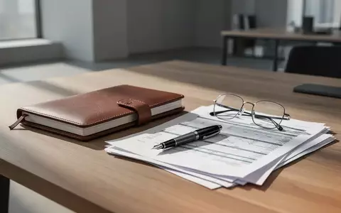 Ein minimalistischer Schreibtisch mit Notizbuch, Stift und Brille vor einem unscharfen modernen Bürohintergrund. - Foto: über boerse-global.de