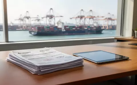 Arbeitsplatz mit Zollpapieren und Blick auf einen Industriehafen zur Veranschaulichung der CBAM-Berichtspflichten. - Foto: über boerse-global.de