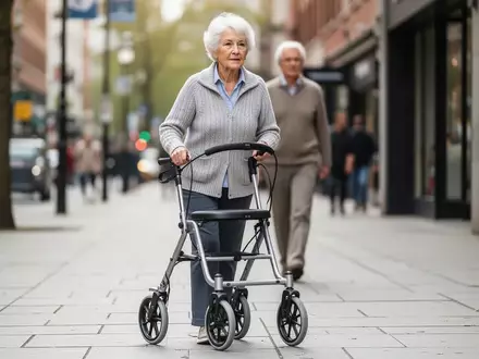 Eine ältere Frau trainiert mit einem Rollator auf einem Gehweg im urbanen Umfeld zur Verbesserung ihrer Mobilität. - Foto: über boerse-global.de