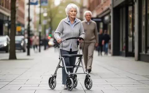 Eine ältere Frau trainiert mit einem Rollator auf einem Gehweg im urbanen Umfeld zur Verbesserung ihrer Mobilität. - Foto: über boerse-global.de