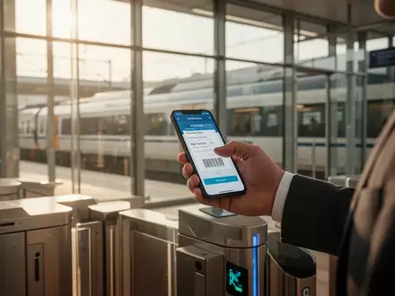 Ein Fahrgast nutzt ein Smartphone zur Ticketkontrolle an einem modernen Bahnhofs-Drehkreuz. - Foto: über boerse-global.de