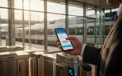 Ein Fahrgast nutzt ein Smartphone zur Ticketkontrolle an einem modernen Bahnhofs-Drehkreuz. - Foto: über boerse-global.de