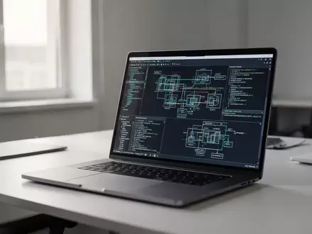 Moderner Arbeitsplatz mit Laptop, auf dem komplexe Systemarchitekturen visualisiert werden, in einer professionellen Büroumgebung. - Foto: über boerse-global.de