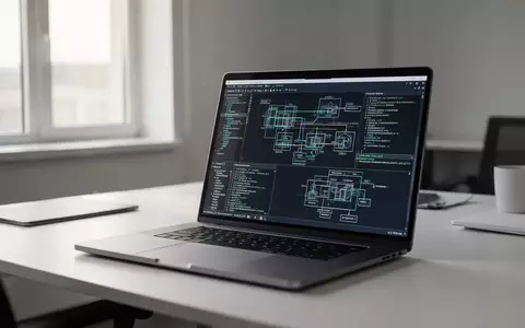 Moderner Arbeitsplatz mit Laptop, auf dem komplexe Systemarchitekturen visualisiert werden, in einer professionellen Büroumgebung. - Foto: über boerse-global.de