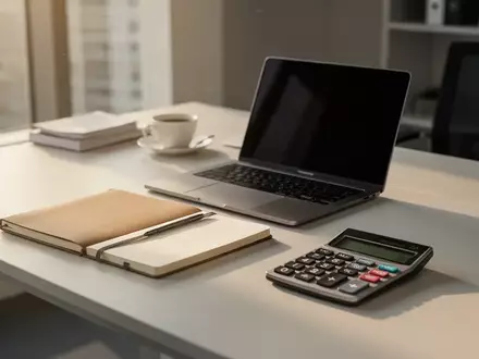 Ein aufgeräumter Schreibtisch mit Laptop und Taschenrechner in einem modernen Büro bei natürlichem Tageslicht. - Foto: über boerse-global.de