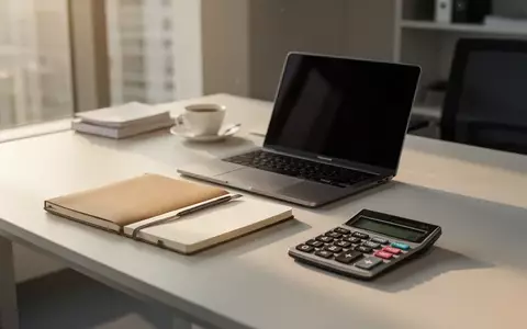 Ein aufgeräumter Schreibtisch mit Laptop und Taschenrechner in einem modernen Büro bei natürlichem Tageslicht. - Foto: über boerse-global.de