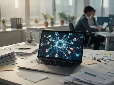 Ein moderner Büroarbeitsplatz mit einem Laptop, auf dem abstrakte Datenvisualisierungen zu sehen sind, während eine Person im Hintergrund arbeitet. - Foto: über boerse-global.de