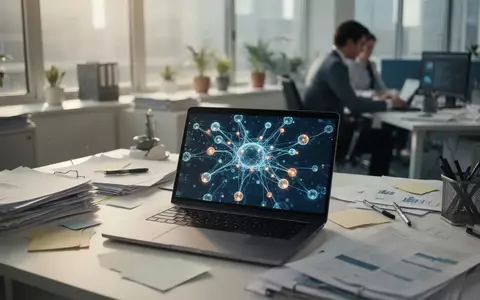 Ein moderner Büroarbeitsplatz mit einem Laptop, auf dem abstrakte Datenvisualisierungen zu sehen sind, während eine Person im Hintergrund arbeitet. - Foto: über boerse-global.de