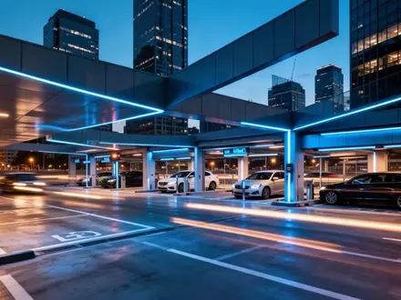 Moderne, automatisierte Parkhaus-Architektur bei Dämmerung mit atmosphärischer Beleuchtung. - Foto: über boerse-global.de