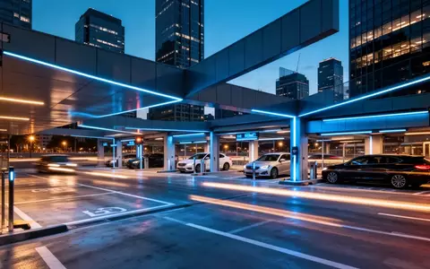 Moderne, automatisierte Parkhaus-Architektur bei Dämmerung mit atmosphärischer Beleuchtung. - Foto: über boerse-global.de
