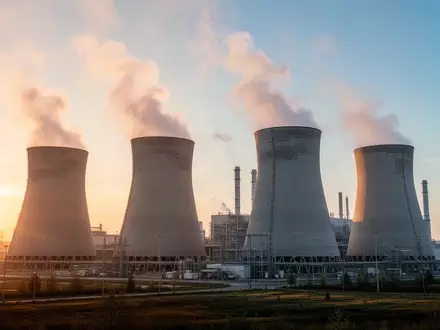 Modernes Kraftwerk bei Sonnenaufgang mit aufsteigendem Wasserdampf vor klarem Himmel - Foto: über boerse-global.de