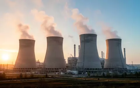 Modernes Kraftwerk bei Sonnenaufgang mit aufsteigendem Wasserdampf vor klarem Himmel - Foto: über boerse-global.de