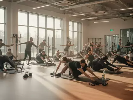 Menschen bei einer Pilates-Übung in einem hellen, modernen Sportstudio. - Foto: über boerse-global.de