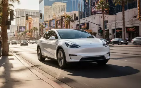 Ein modernes Elektroauto fährt bei Tageslicht auf einer belebten Straße in der Nähe des Las Vegas Strip. - Foto: über boerse-global.de