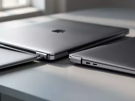 Zwei moderne, schlanke Ultrabooks, die nebeneinander auf einem minimalistischen Schreibtisch stehen. - Foto: über boerse-global.de