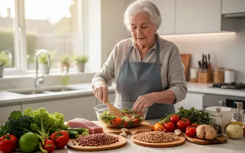 Eine ältere Person bereitet in einer hellen Küche eine proteinreiche Mahlzeit mit frischem Gemüse zu. - Foto: über boerse-global.de