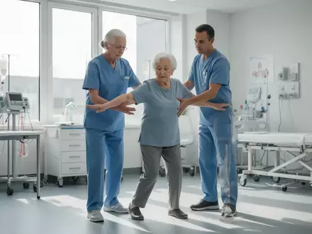 Ein Physiotherapeut begleitet einen Patienten bei Mobilitätsübungen in einer modernen Praxis. - Foto: über boerse-global.de