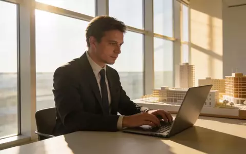 Ein professioneller Arbeitsplatz in einem modernen Büro mit Architekturmodellen im Hintergrund. - Foto: über boerse-global.de