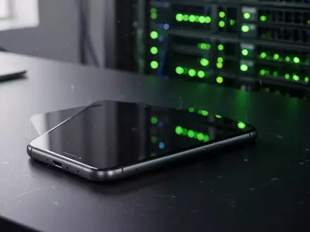 Ein modernes Smartphone liegt auf einem Schreibtisch vor einem unscharfen Hintergrund mit Server-Technik. - Foto: über boerse-global.de
