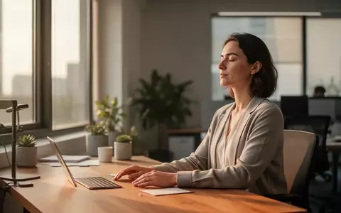 Eine Person praktiziert in einem ruhigen, modernen Büro achtsames Atmen zur Stressbewältigung. - Foto: über boerse-global.de