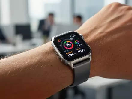 Eine Person trägt eine moderne Smartwatch am Handgelenk, die Gesundheitsdaten auf dem Display anzeigt. - Foto: über boerse-global.de