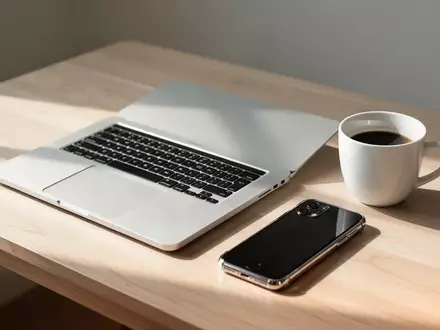 Ein minimalistischer Arbeitsplatz mit einem modernen Laptop und einem Smartphone auf einem Holztisch bei Tageslicht. - Foto: über boerse-global.de