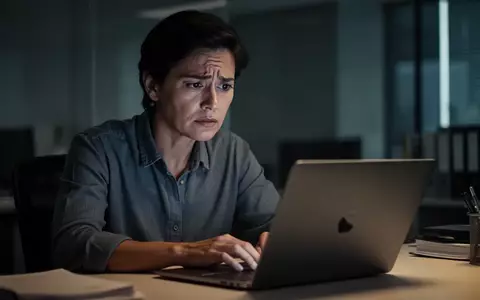 Eine Person sitzt besorgt vor einem Laptop in einem schwach beleuchteten Büro, was die Unsicherheit bei der IT-Sicherheit verdeutlicht. - Foto: über boerse-global.de