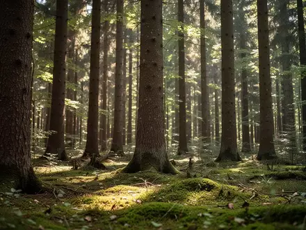 Ein sonnendurchfluteter, dichter Wald mit gesunden Baumstämmen und moosbedecktem Waldboden. - Foto: über boerse-global.de