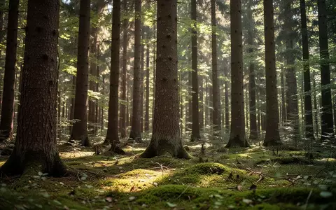 Ein sonnendurchfluteter, dichter Wald mit gesunden Baumstämmen und moosbedecktem Waldboden. - Foto: über boerse-global.de