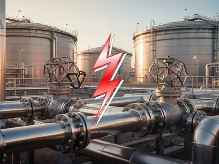 Moderne industrielle Energieinfrastruktur mit Stahlrohren und Speichertanks bei Sonnenuntergang. - Foto: über boerse-global.de