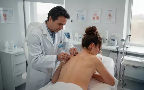 Ein Arzt führt in einer modernen medizinischen Praxis eine Akupunkturbehandlung am Rücken eines Patienten durch. - Foto: über boerse-global.de