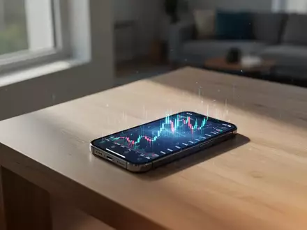 Ein modernes Heimbüro mit einem Smartphone auf einem Schreibtisch, das eine digitale Kryptowährungs-Grafik anzeigt. - Foto: über boerse-global.de