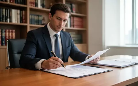 Ein Rechtsanwalt sitzt an einem Schreibtisch und prüft konzentriert juristische Dokumente in einer modernen Kanzlei. - Foto: über boerse-global.de