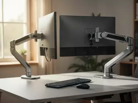 Ein ergonomischer Monitorarm an einem modernen, aufgeräumten Schreibtisch zur optimalen Bildschirmausrichtung. - Foto: über boerse-global.de