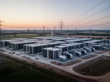 Ein großflächiges, modernes Rechenzentrum in der Bauphase vor einer weiten Landschaft in der Abenddämmerung. - Foto: über boerse-global.de