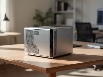 Ein kompaktes und leistungsstarkes NAS-System in einem modernen Büro auf einem Holztisch. - Foto: über boerse-global.de