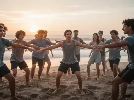 Eine Gruppe Jugendlicher bei einer therapeutischen Bewegungsübung an einem Strand während des Sonnenuntergangs. - Foto: über boerse-global.de