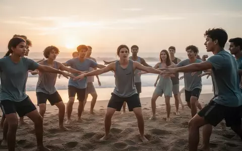 Eine Gruppe Jugendlicher bei einer therapeutischen Bewegungsübung an einem Strand während des Sonnenuntergangs. - Foto: über boerse-global.de