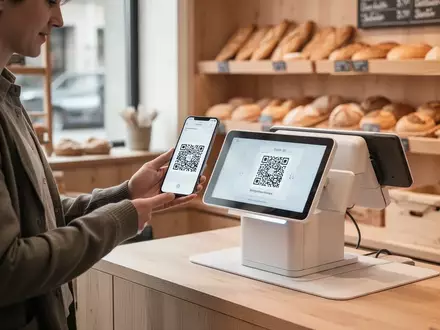 Ein Kunde scannt einen QR-Code an einem digitalen Kassensystem in einer Bäckerei. - Foto: über boerse-global.de